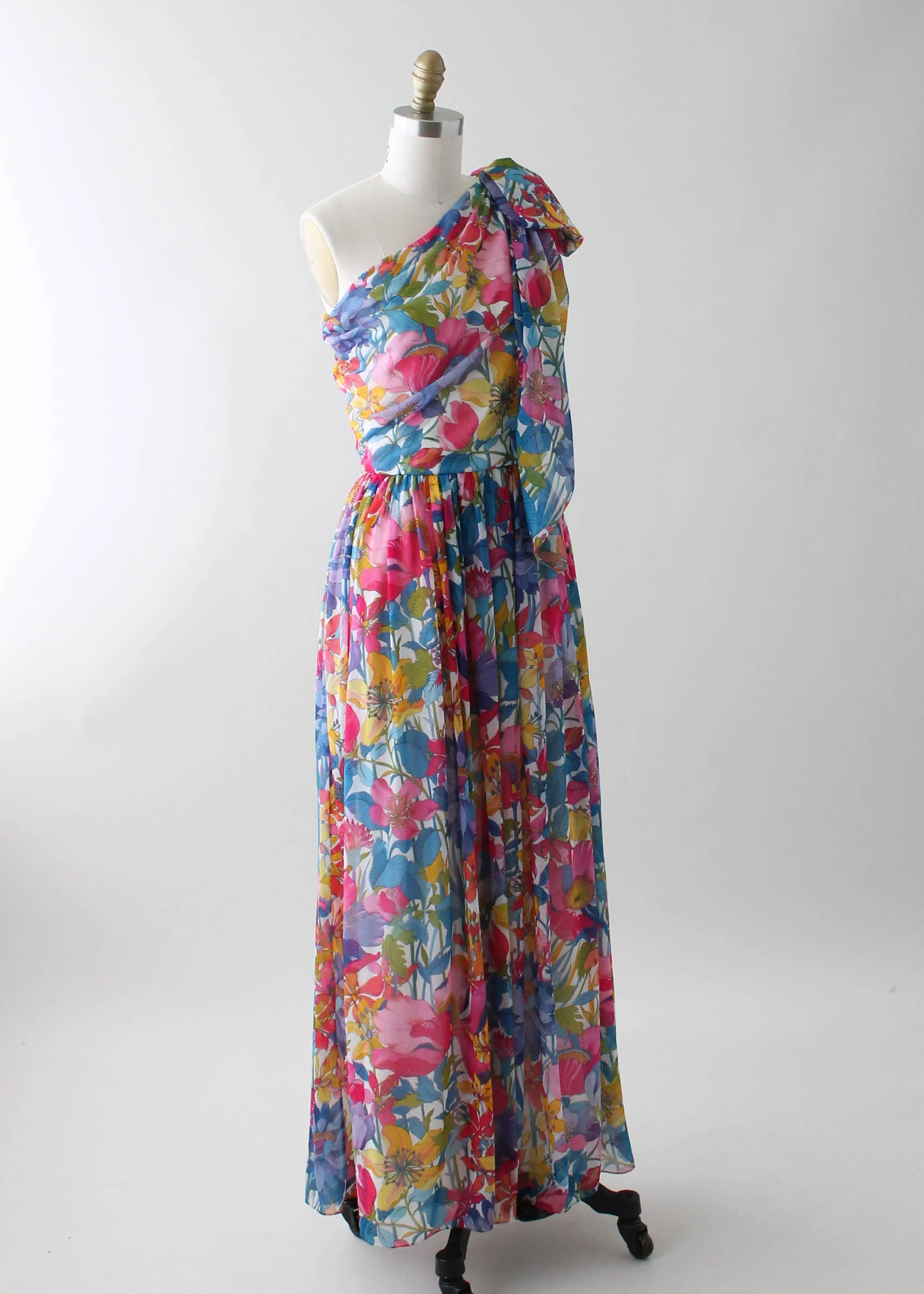 Vintage 1970s One Shoulder Floral Chiffon Summer Dress