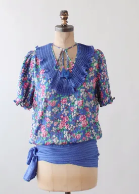 Vintage 1980s Diane Freis Beaded Floral Print Blouse