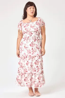 White Pink Floral Off Shoulder Midi Dress