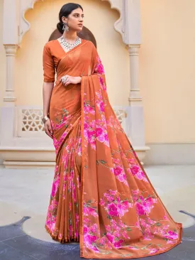 Women's Orange Georgette Printed Saree with Lace